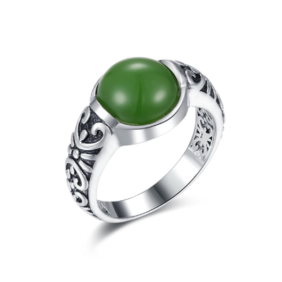 Rzeźbione pierścionki ze srebra 925 z kamieniami szlachetnymi 10x10 mm w kształcie okrągłym ciemnozielony pierścionek z jadeitu