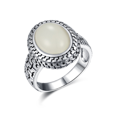 Kamienie lecznicze 925 Srebrne pierścionki z kamieniami szlachetnymi 9x12mm owalny biały jadeitowy rzeźbiony pierścionek