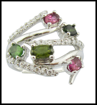 Modne pierścienie z kamieni szlachetnych z 925 srebra dla kobiet Casual Party Wear Oval Rhodium Plated Jewelry Tourmaline