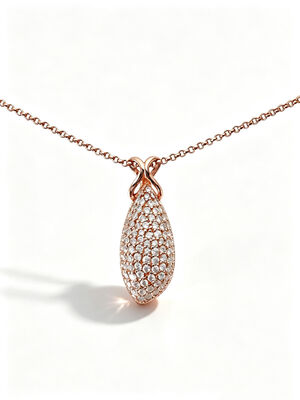 2027 New Teardrop Pendant, Full Micro Pave Stones, Polished Silver Setting, Elegant  Intertwined Bail Design 925 Silver CZ RG 1.5mm Rolo Chain High Sparkle 29mm Height 5.65gram Rose Gold