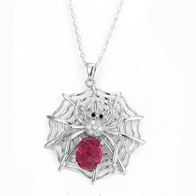 Srebrny wisiorek pajęczyna czerwony rubinowy naszyjnik z kamieniami Swarovski