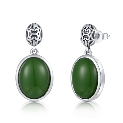 Grudzień Birthstone 925 Srebro Kolczyki z kamieniami szlachetnymi 10x13mm Owalne zielone Jade